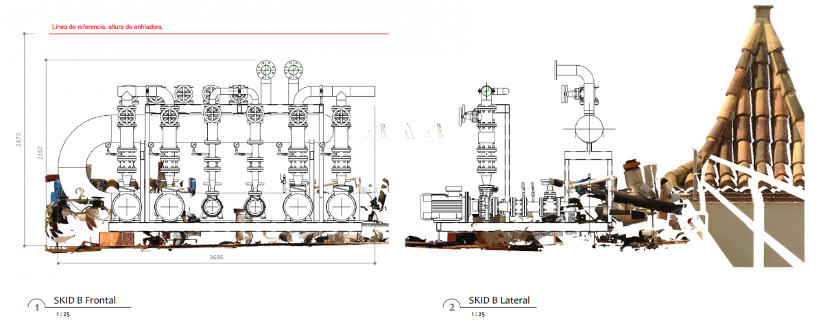 Imagen virtual planos fabricación de skids: froontal y lateral de las instalaciones industriales de tubos.
